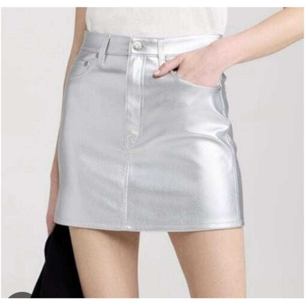 7 For All Mankind Metallic Faux Leather Mini Skirt WMNS M Silver Slim Fit Party